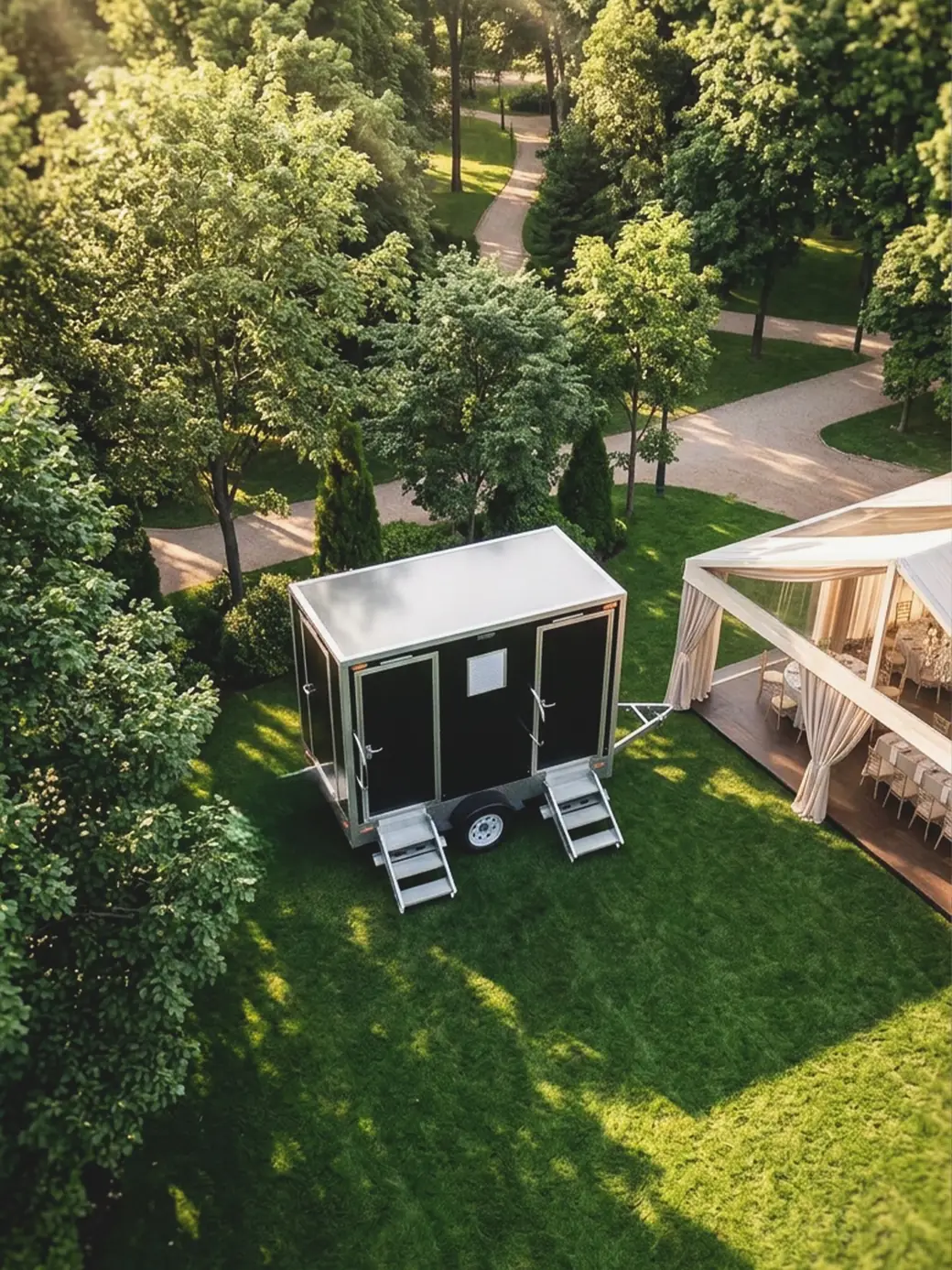 Aerial view of a restroom trailer on a lawn next to a white event tent